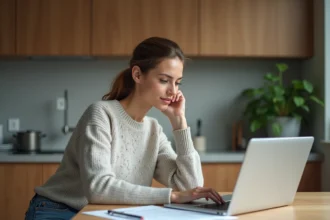 Femme réfléchissant en cuisine avec documents médicaux