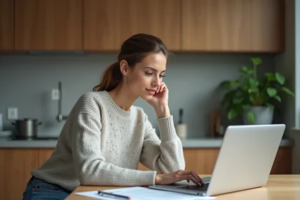 Femme réfléchissant en cuisine avec documents médicaux