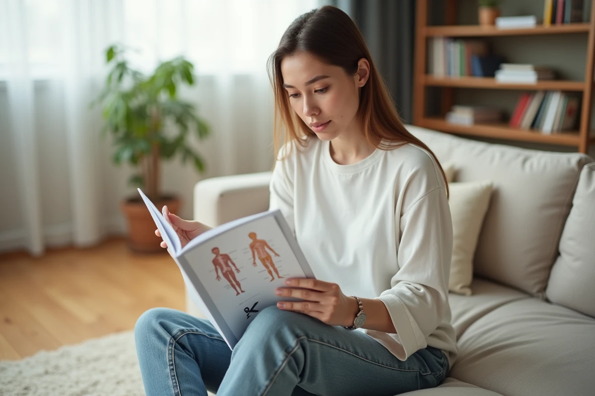 Jeune femme consultant un guide médical illustré sur un canapé pour trouver une partie du corps en K
