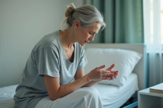 Femme âgée examinant sa peau rouge sur le dos