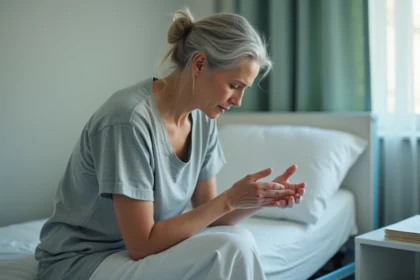 Femme âgée examinant sa peau rouge sur le dos