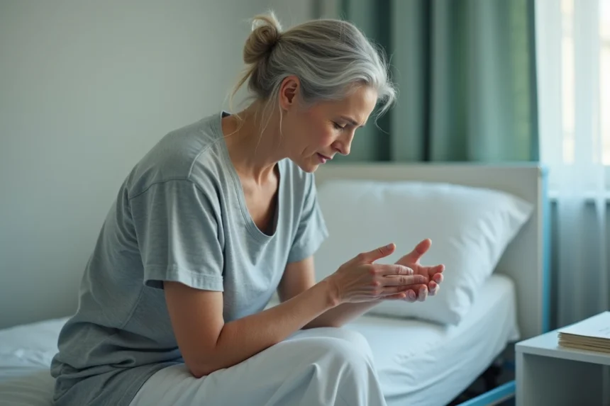 Femme âgée examinant sa peau rouge sur le dos