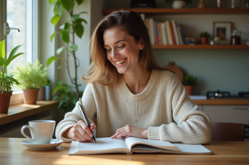 Femme souriante en journalisant dans un appartement cosy
