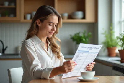 Femme française regardant un graphique BMI dans la cuisine