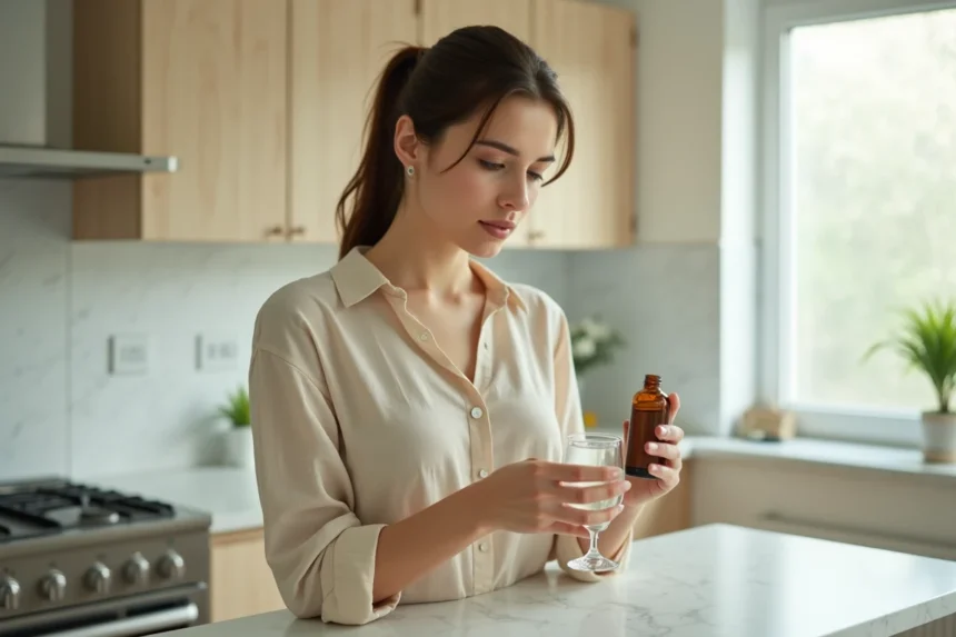 Femme lisant attentivement l'étiquette d'un complément détox Lulutox dans une cuisine moderne et épurée