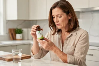 Femme lisant l'étiquette d'un flacon de silicium organique G5 dans une cuisine moderne