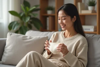 Femme souriante tenant une lingerie menstruelle confortable à la maison