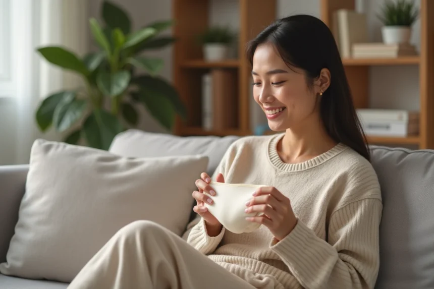 Femme souriante tenant une lingerie menstruelle confortable à la maison