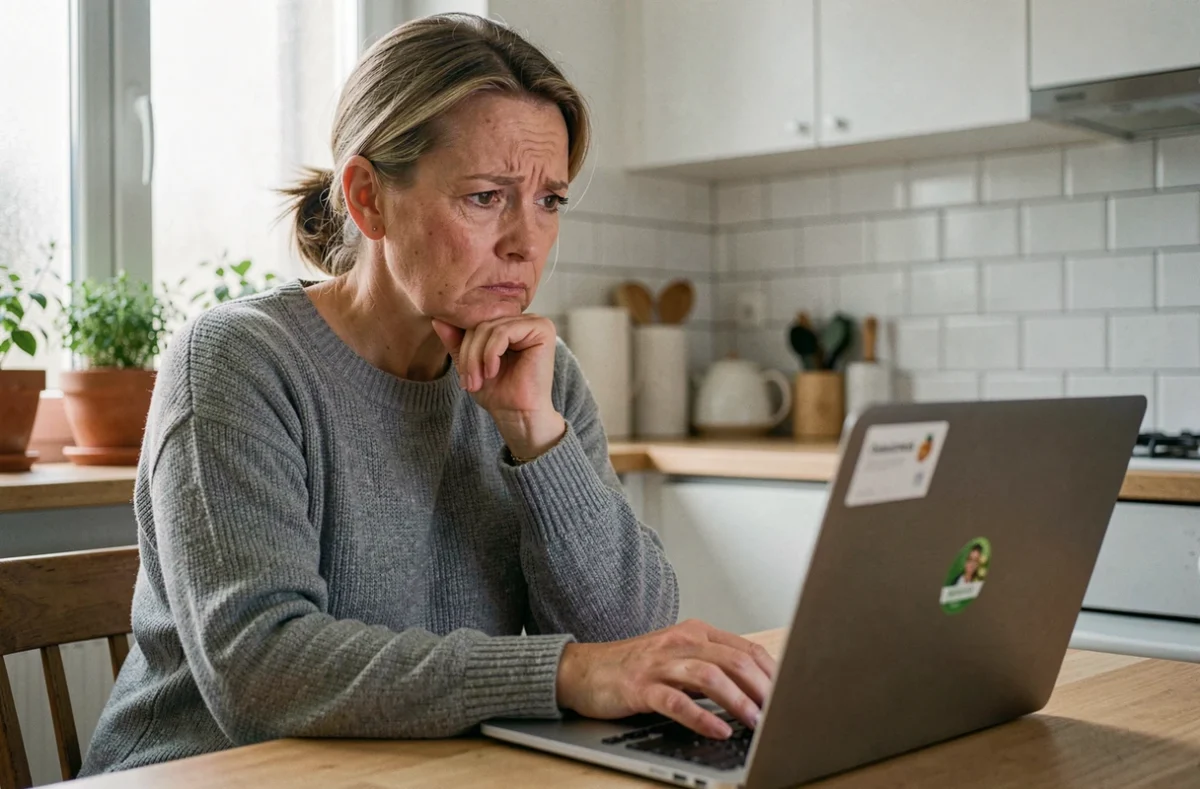 Femme lisant des informations sur un ordinateur portable avec une expression sceptique, symbolisant le questionnement face aux rumeurs et fausses nouvelles sur la santé de personnalités publiques