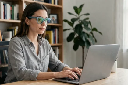 Femme portant des lunettes Zeiss anti-lumière bleue devant un écran d'ordinateur dans un bureau à domicile