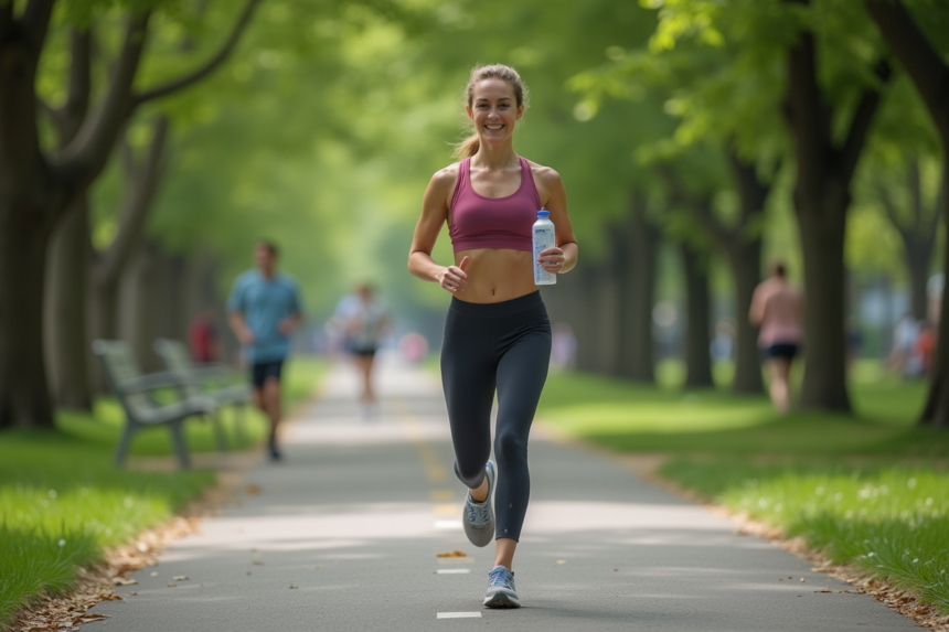Femme active marchant dans un parc urbain ensoleille