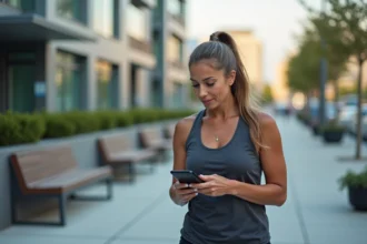 Femme en tenue de sport marche dans la ville en regardant son appli