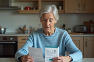 Femme d'âge moyen lisant une notice de médicament respiratoire