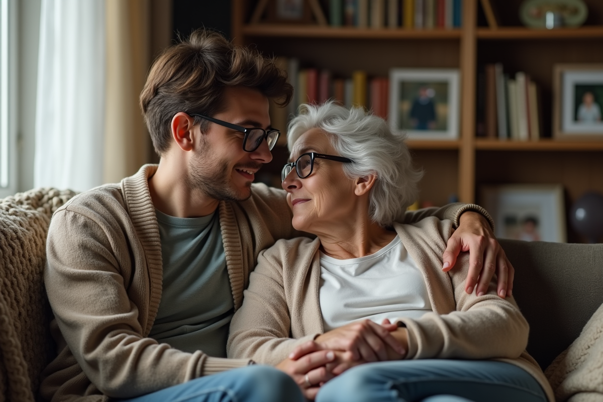 Fils et mère assis sur un canapé à la maison