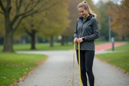 Jeune femme en course mesurant sa foulée dans un parc