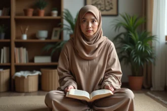 Femme musulmane lisant le Quran dans un intérieur calme