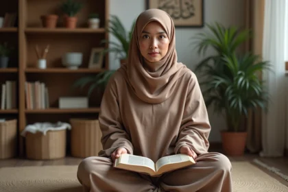 Femme musulmane lisant le Quran dans un intérieur calme