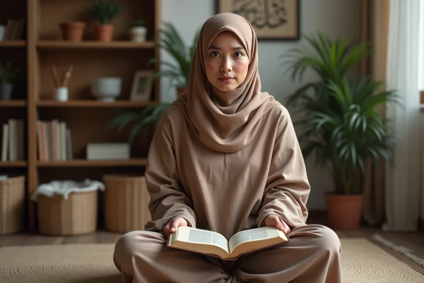 Femme musulmane lisant le Quran dans un intérieur calme