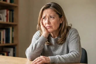 Femme d'âge moyen touchant sa joue avec une expression préoccupée, illustrant une paresthésie du visage persistante