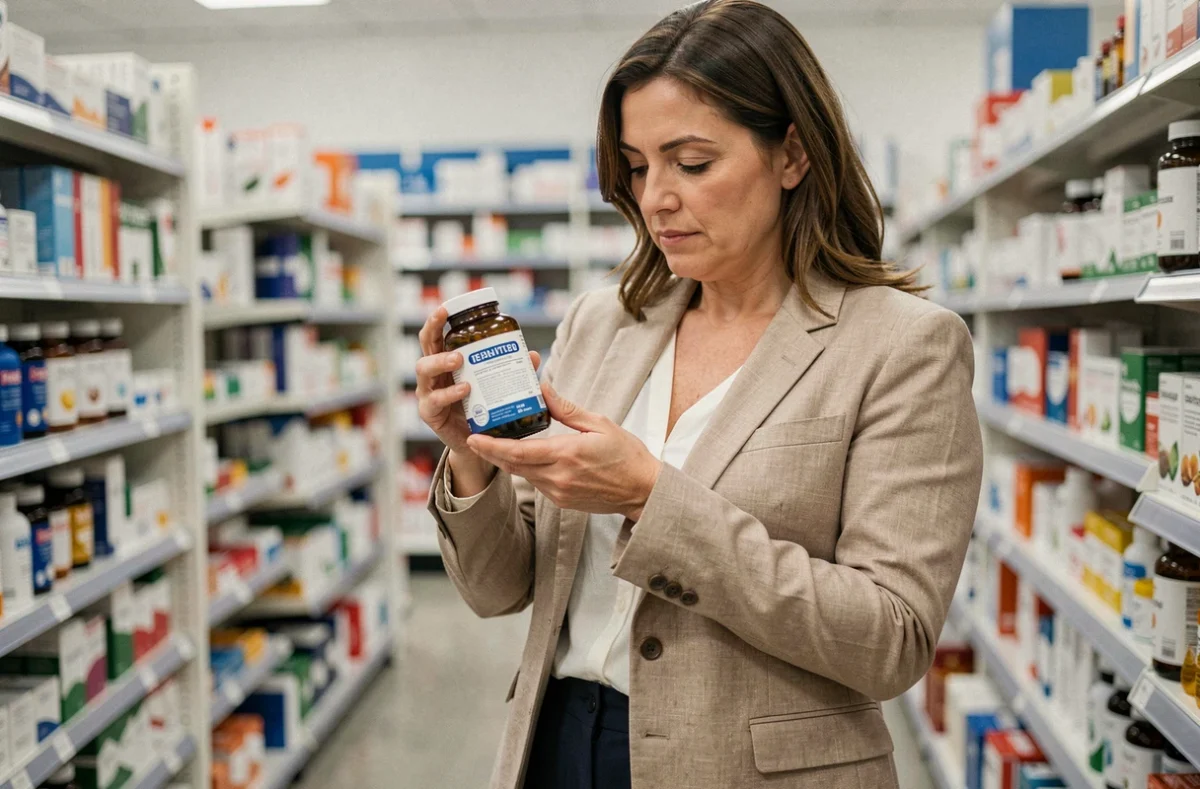 Femme en pharmacie lisant l'étiquette d'un complément alimentaire pour réduire son taux de CDT sans risque pour la santé