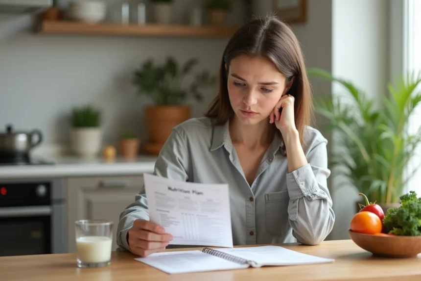 Femme examinant un plan de régime minceur à une table de cuisine, expression sceptique et réfléchie