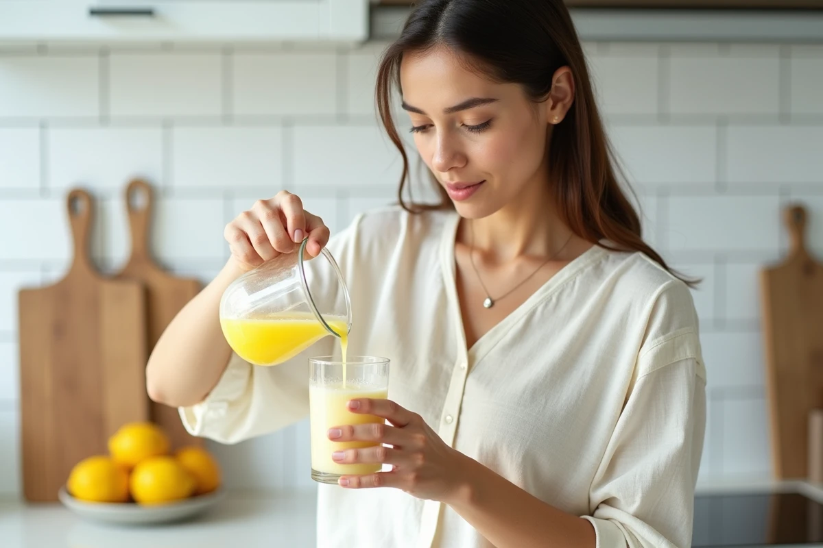 Femme versant du jus de citron dans un verre d'eau de riz dans une cuisine moderne