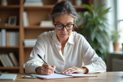 Femme d'âge moyen prenant des notes dans un bureau lumineux