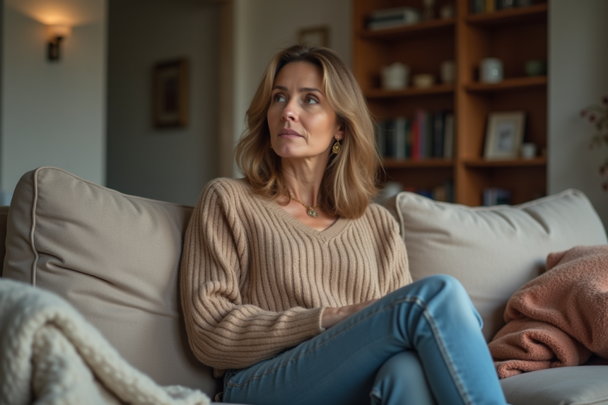 Femme d'âge moyen assise pensivement dans un salon
