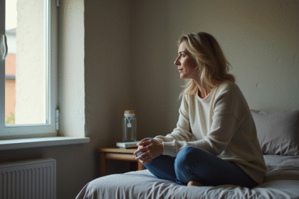 Femme pensive assise sur le lit dans une chambre simple