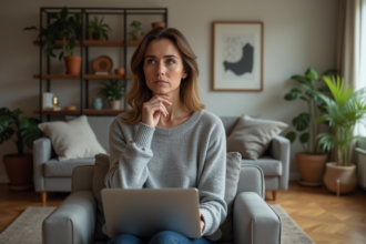 Femme méditative sur un canapé dans un salon chaleureux