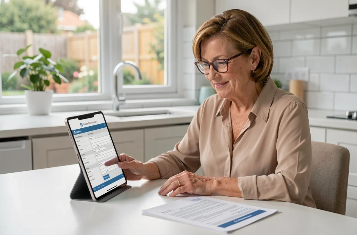 Femme mature vérifiant un formulaire de remboursement santé Korelio sur une tablette numérique dans sa cuisine