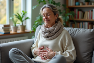 Femme méditant avec respiration consciente dans son salon
