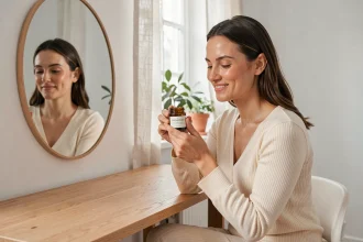 Femme trentenaire inspectant un pot de soin au beurre d'ours à sa coiffeuse, routine beauté glow naturel