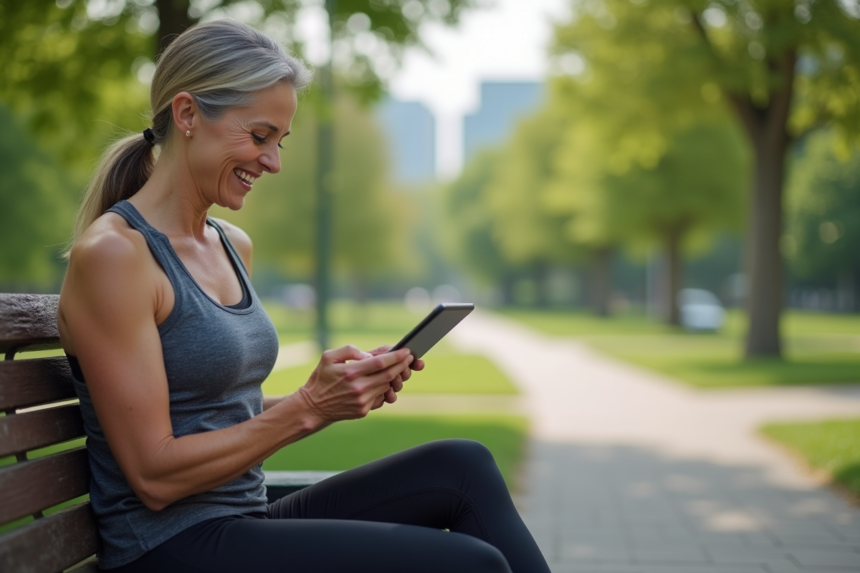 Femme souriante en plein air avec tablette dans un parc urbain