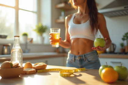 Femme en forme tenant une pomme verte et une bouteille d'eau dans une cuisine lumineuse
