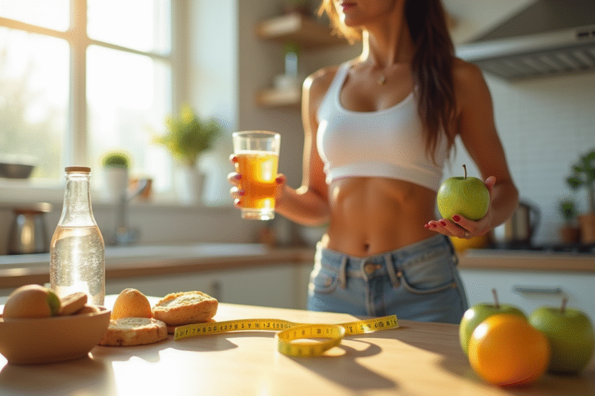 Femme en forme tenant une pomme verte et une bouteille d'eau dans une cuisine lumineuse