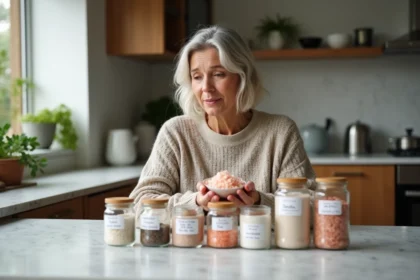Femme examinant du sel rose de l'Himalaya dans la cuisine