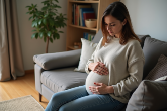 Femme d'âge moyen assise sur un canapé dans un salon cosy