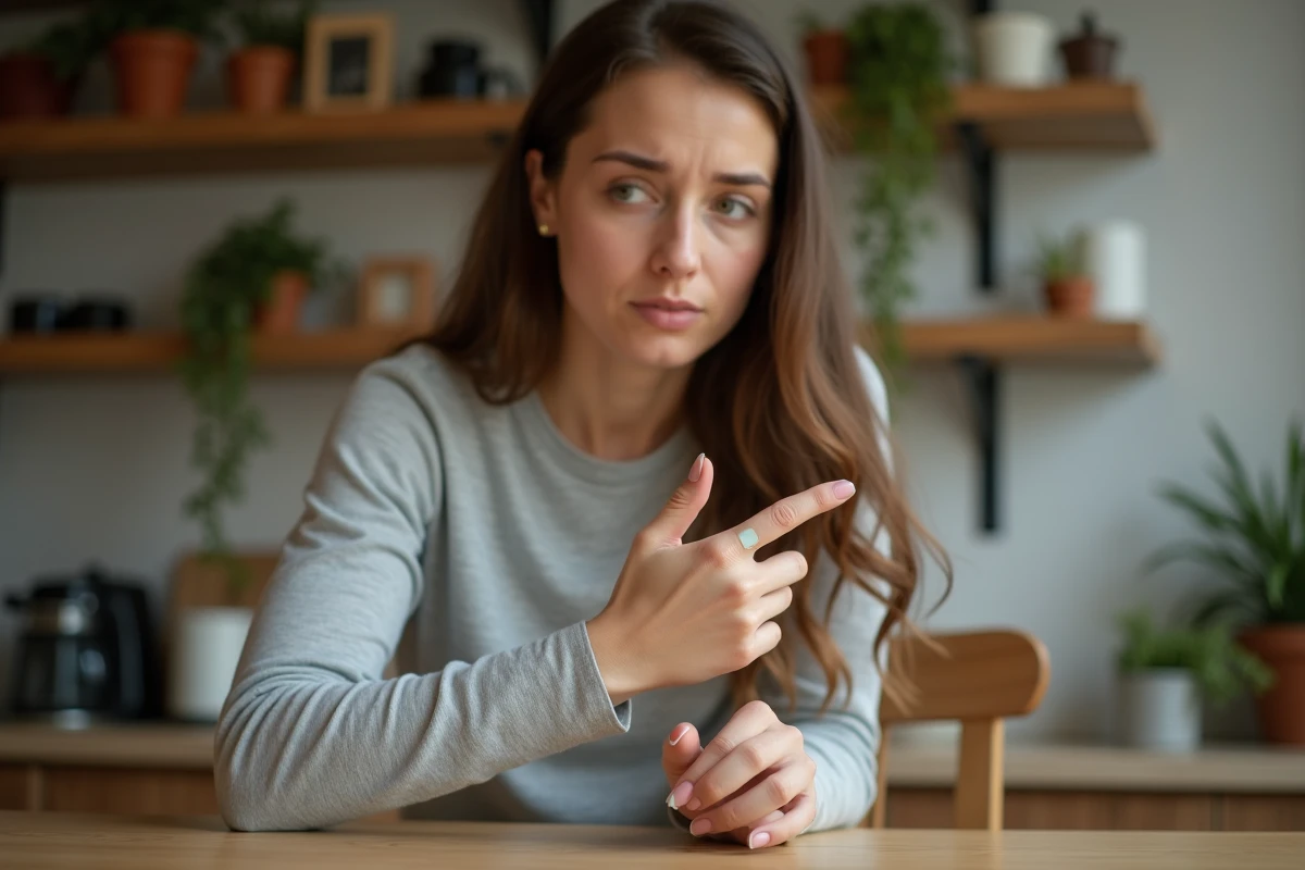 Femme examinant son doigt bandé suite à un ongle arraché, dans un cadre domestique naturel