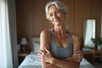 Femme de 50 ans examine sa peau dans une chambre chaleureuse