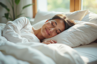 Femme d'âge moyen dormant paisiblement dans une chambre lumineuse