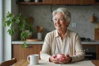 Femme âgée souriante tenant une prothese dentaire en résine