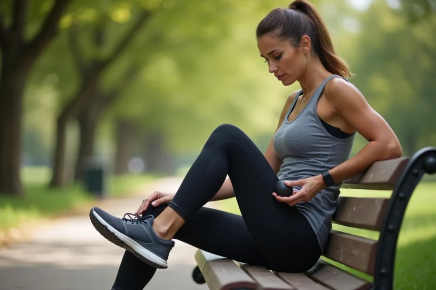 Femme sportive assise sur un banc dans un parc en train de rouler sa pied sur une balle de massage