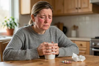 Femme fatiguée tenant une tasse de thé avec des mouchoirs et médicaments sur la table, symptômes de rhume ou Covid