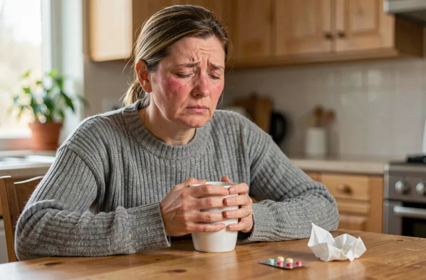 Femme fatiguée tenant une tasse de thé avec des mouchoirs et médicaments sur la table, symptômes de rhume ou Covid