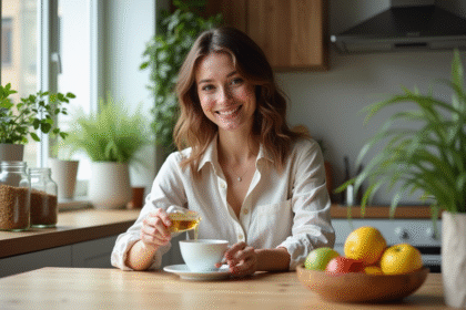 Femme souriante versant du thé dans une tasse dans une cuisine chaleureuse