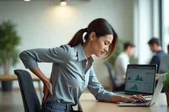 Femme assise au bureau ressentant une tension dans le dos en milieu de journée de travail