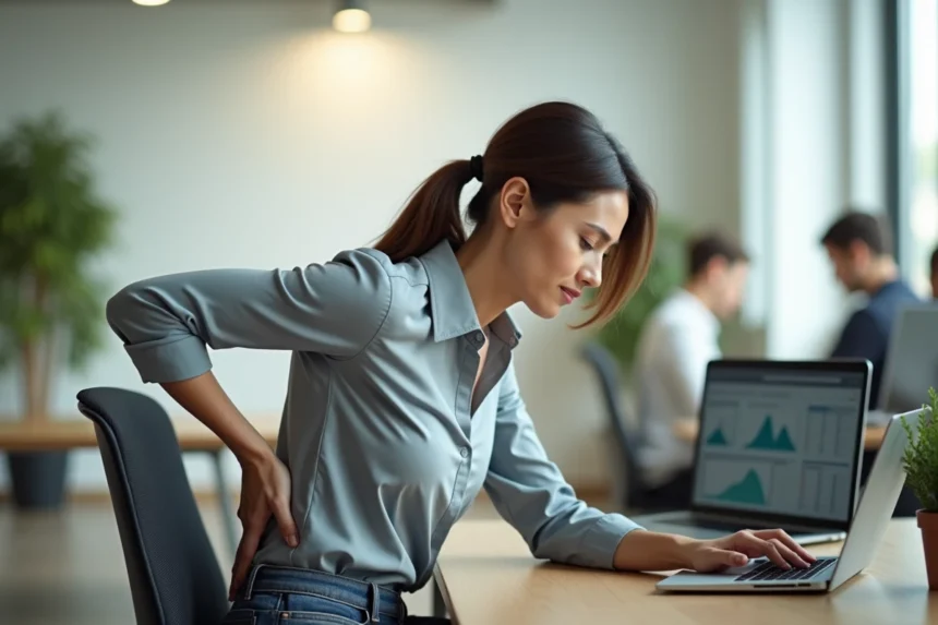 Femme assise au bureau ressentant une tension dans le dos en milieu de journée de travail