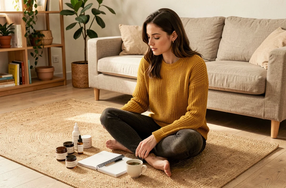 Trentenaire assise sur le sol entourée de produits de soin naturels, test et avis routine beauté glow