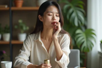 Femme utilisant un yadom thaïlandais pour mieux respirer à son bureau à la maison